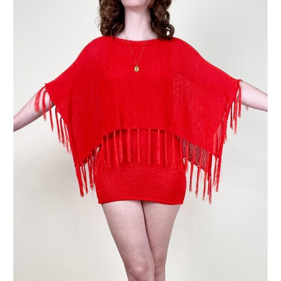 Vintage Knit Fringe Micro Mini Dress Tunic Top Poncho Swim Cover Up Boho 90s Y2K - Picture 2 of 7